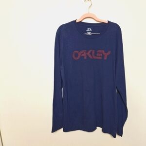 Oakley Blue and Red Long Sleeve Crew Neck Logo Spell Out Graphic Tee Shirt